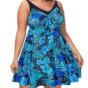 Hanna Nikole Plus Size Two Piece Swimdress Swimsuits With Shorts For Women Blue